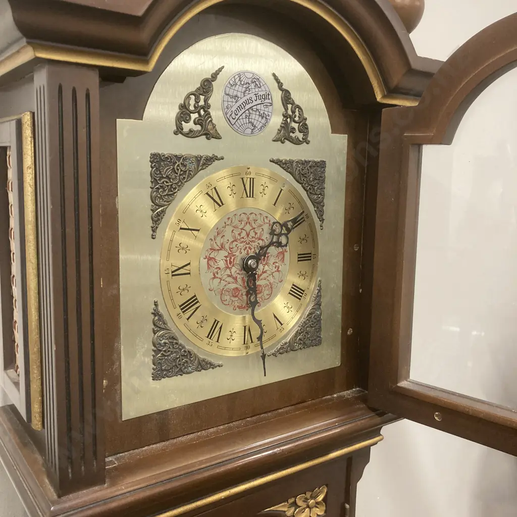 Wooden Cased Grandfather Clock 'Tempus Fugit', H178cm (Repair to Finial) Image 1++