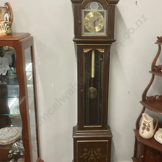 Wooden Cased Grandfather Clock 'Tempus Fugit', H178cm (Repair to Finial)