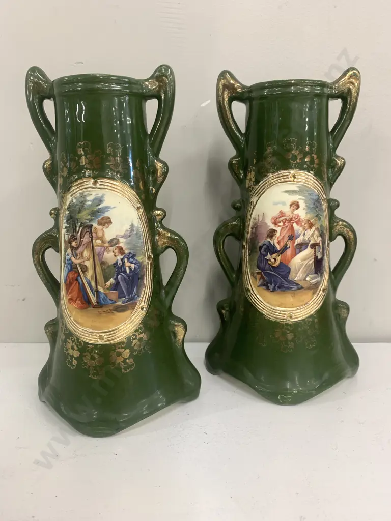 Pair Of Antique Vases Lady Playing Harp Green With Gilding Detail Marked 1843  Image 1++