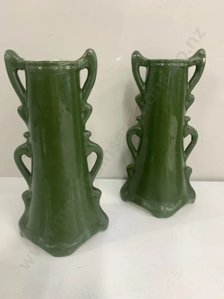 Pair Of Antique Vases Lady Playing Harp Green With Gilding Detail Marked 1843  Image 1++