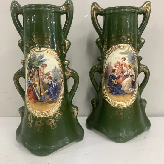 Pair Of Antique Vases Lady Playing Harp Green With Gilding Detail Marked 1843 