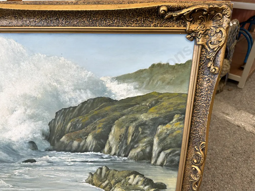Vintage Framed Artwork Titled 'Pacific Breakers' Artist Fetherolf Re Painted By Laura Pearson 1990 H71cm, W102cm. Image 1++