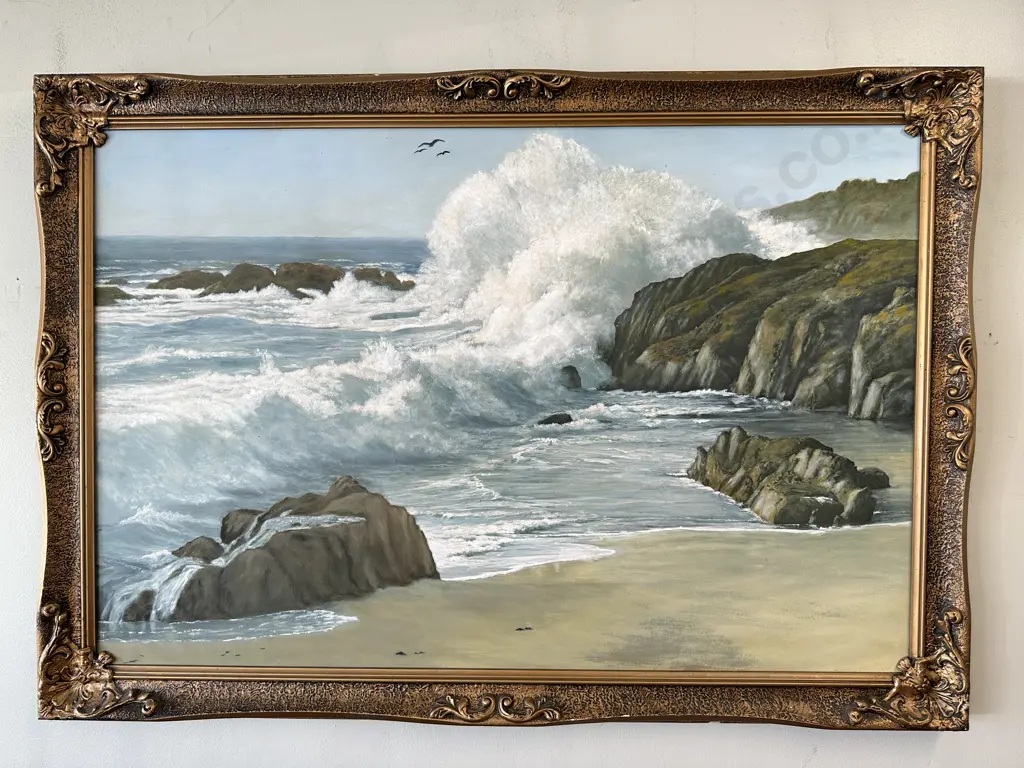 Vintage Framed Artwork Titled 'Pacific Breakers' Artist Fetherolf Re Painted By Laura Pearson 1990 H71cm, W102cm. Image 1++
