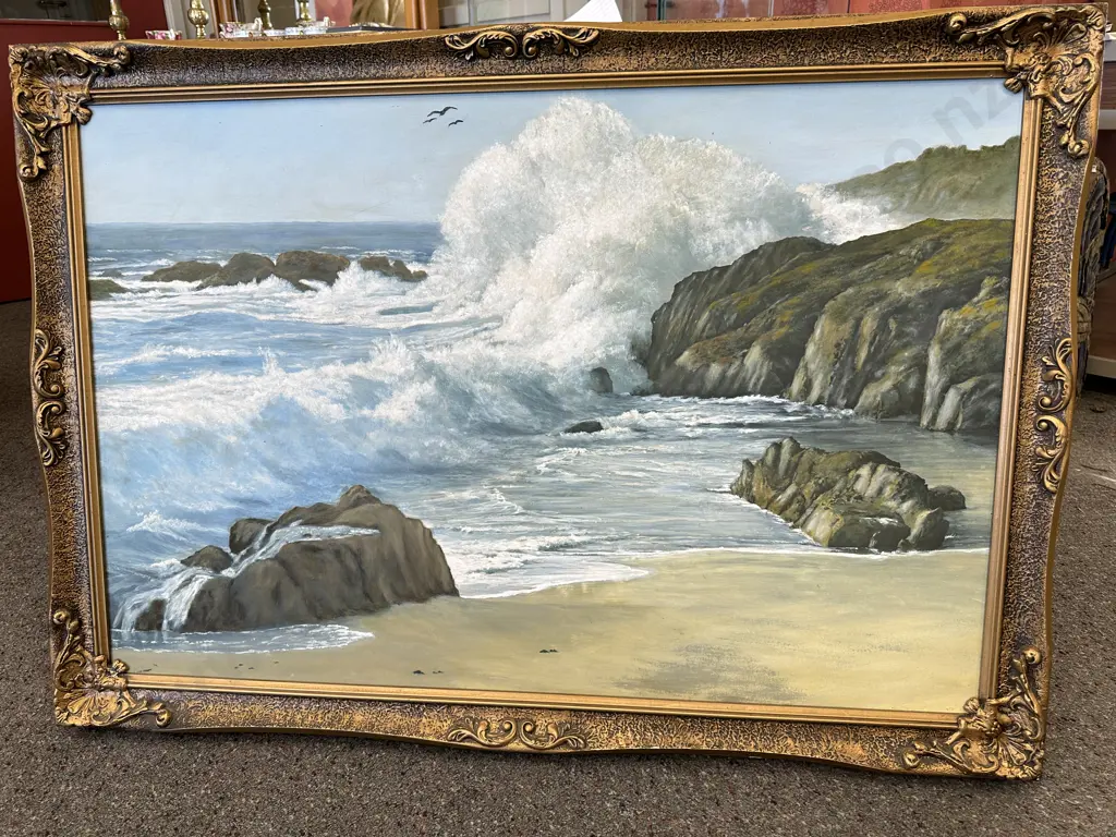 Vintage Framed Artwork Titled 'Pacific Breakers' Artist Fetherolf Re Painted By Laura Pearson 1990 H71cm, W102cm. Image 1++