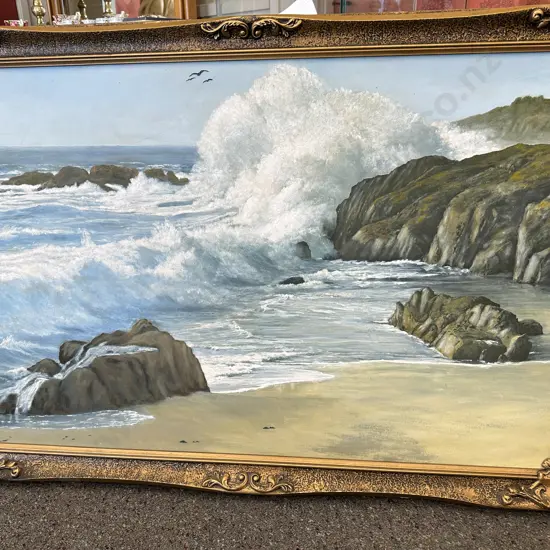 Vintage Framed Artwork Titled 'Pacific Breakers' Artist Fetherolf Re Painted By Laura Pearson 1990 H71cm, W102cm.