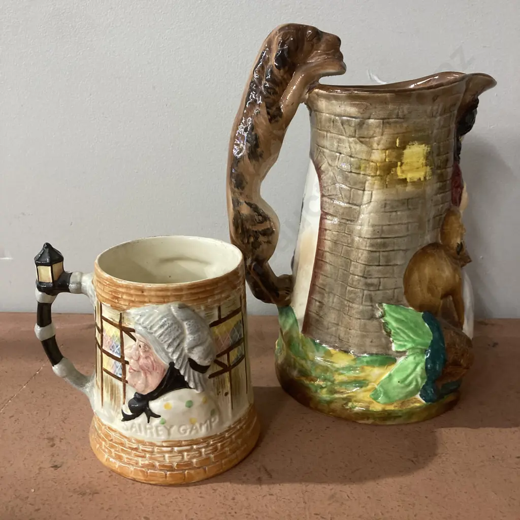 Burleigh Samuel Alcock 'Old Feeding Time' Reproduction Jug (AF) & 1950s L&S Gamp / Weller Hand Painted Mug Image 1++