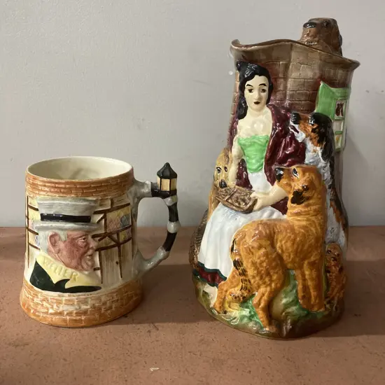 Burleigh Samuel Alcock 'Old Feeding Time' Reproduction Jug (AF) & 1950s L&S Gamp / Weller Hand Painted Mug