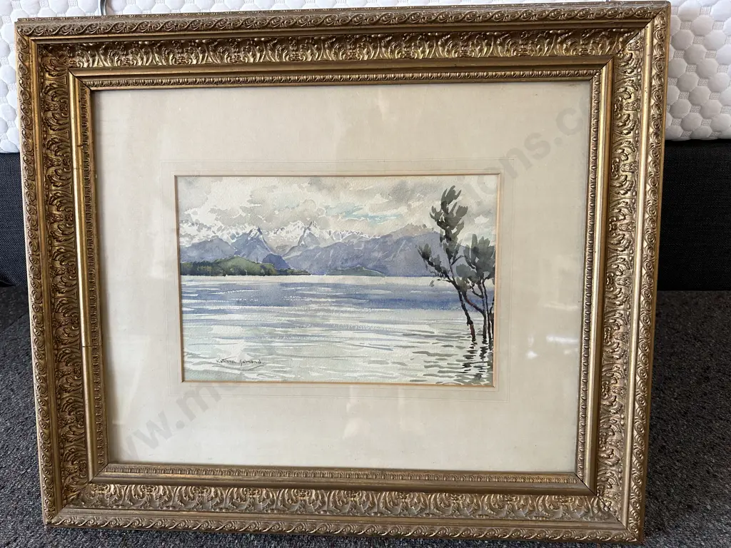 Original Watercolour By Kathleen Salmond Titled Lake Manapouri, Glazed Ornate Gilt Frame, 53 x 63cm Image 1++