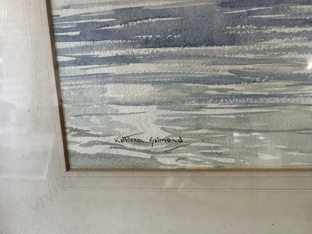 Original Watercolour By Kathleen Salmond Titled Lake Manapouri, Glazed Ornate Gilt Frame, 53 x 63cm Image 1++