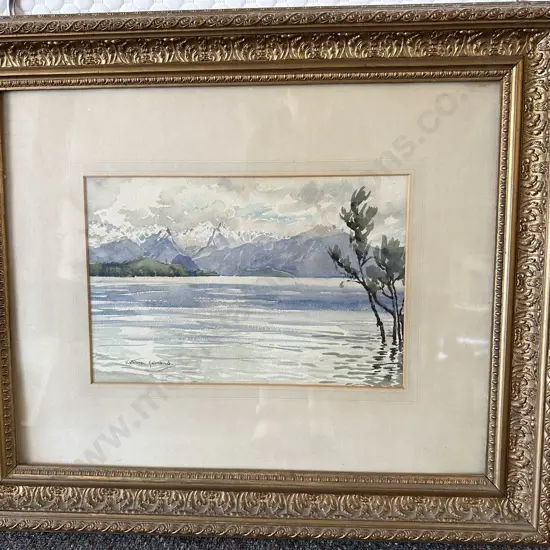Original Watercolour By Kathleen Salmond Titled Lake Manapouri, Glazed Ornate Gilt Frame, 53 x 63cm