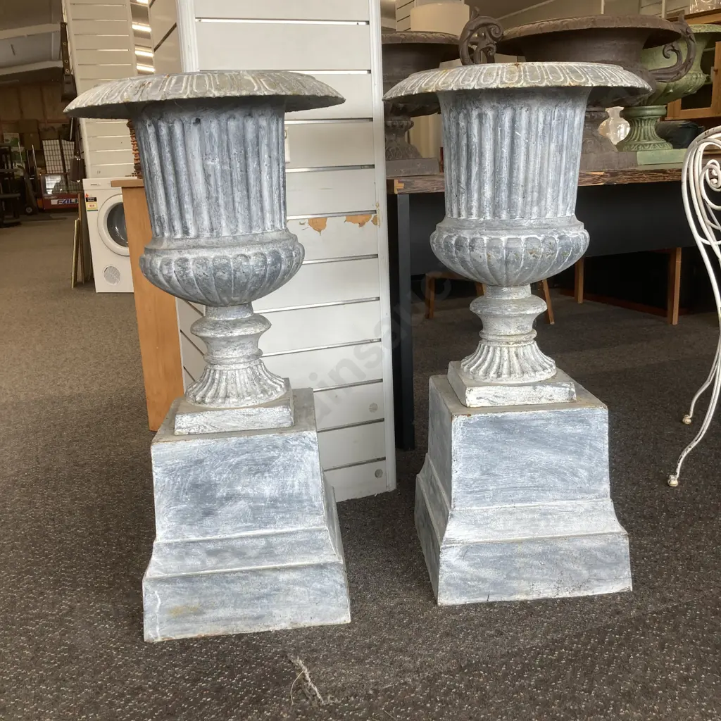 Pair of Cast Iron Classical Style Garden Urns On Plinths, Lead Finish, 60 x 48cm On 35 x 36 x 36 Plinth, 56.1Kg Image 1++
