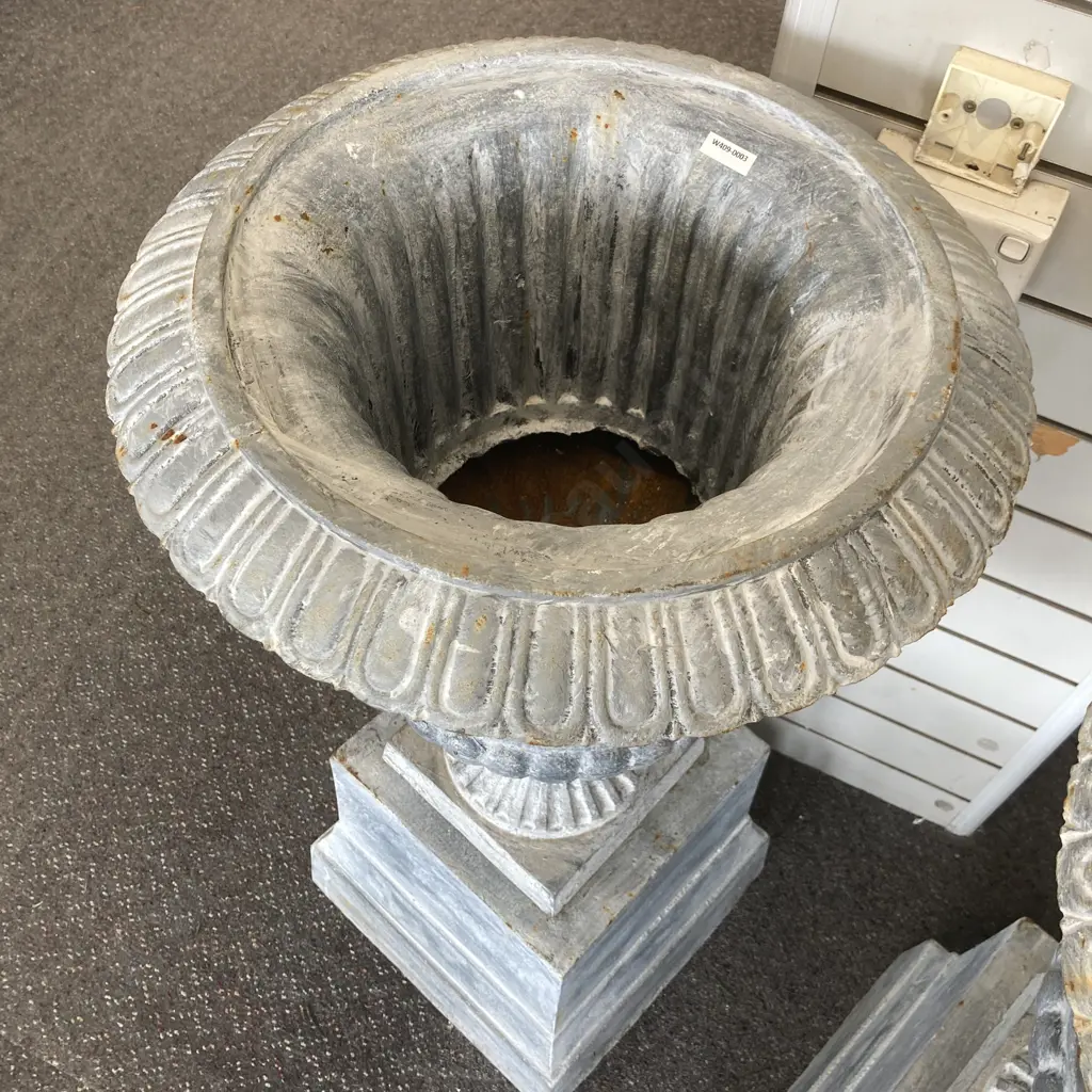 Pair of Cast Iron Classical Style Garden Urns On Plinths, Lead Finish, 60 x 48cm On 35 x 36 x 36 Plinth, 56.1Kg Image 1++