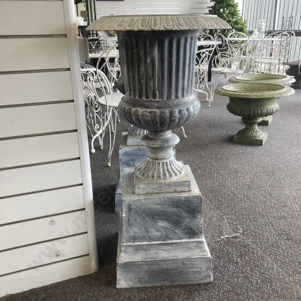 Pair of Cast Iron Classical Style Garden Urns On Plinths, Lead Finish, 60 x 48cm On 35 x 36 x 36 Plinth, 56.1Kg Image 1++