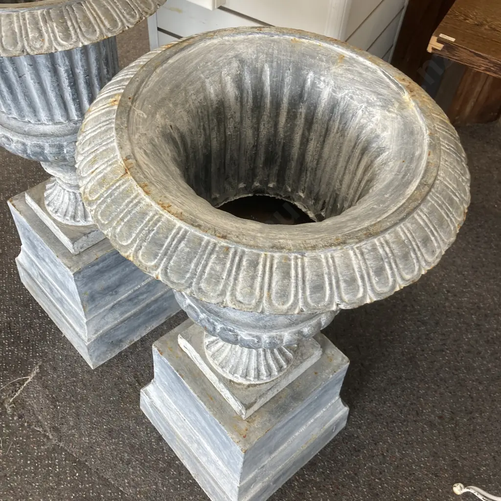 Pair of Cast Iron Classical Style Garden Urns On Plinths, Lead Finish, 60 x 48cm On 35 x 36 x 36 Plinth, 56.1Kg Image 1++