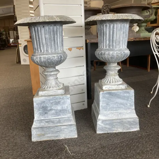 Pair of Cast Iron Classical Style Garden Urns On Plinths, Lead Finish, 60 x 48cm On 35 x 36 x 36 Plinth, 56.1Kg