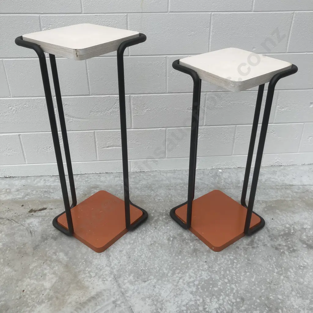 Pair of Black Steel & Wood Plinths, 89 x 36 & 79 x 36cm Image 1++