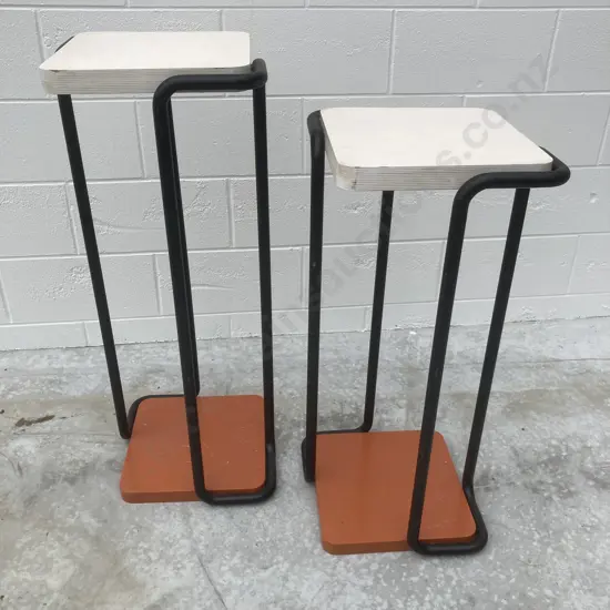 Pair of Black Steel & Wood Plinths, 89 x 36 & 79 x 36cm