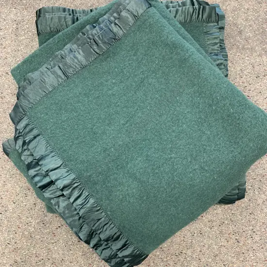 Pair of Queen Size Green Woollen Blankets With Satin Edging