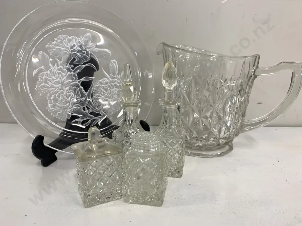 Vintage Glass Items Including Jug, Condiments Etc Image 1++