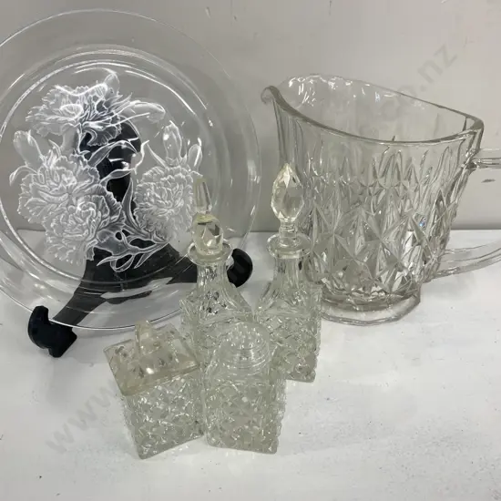 Vintage Glass Items Including Jug, Condiments Etc