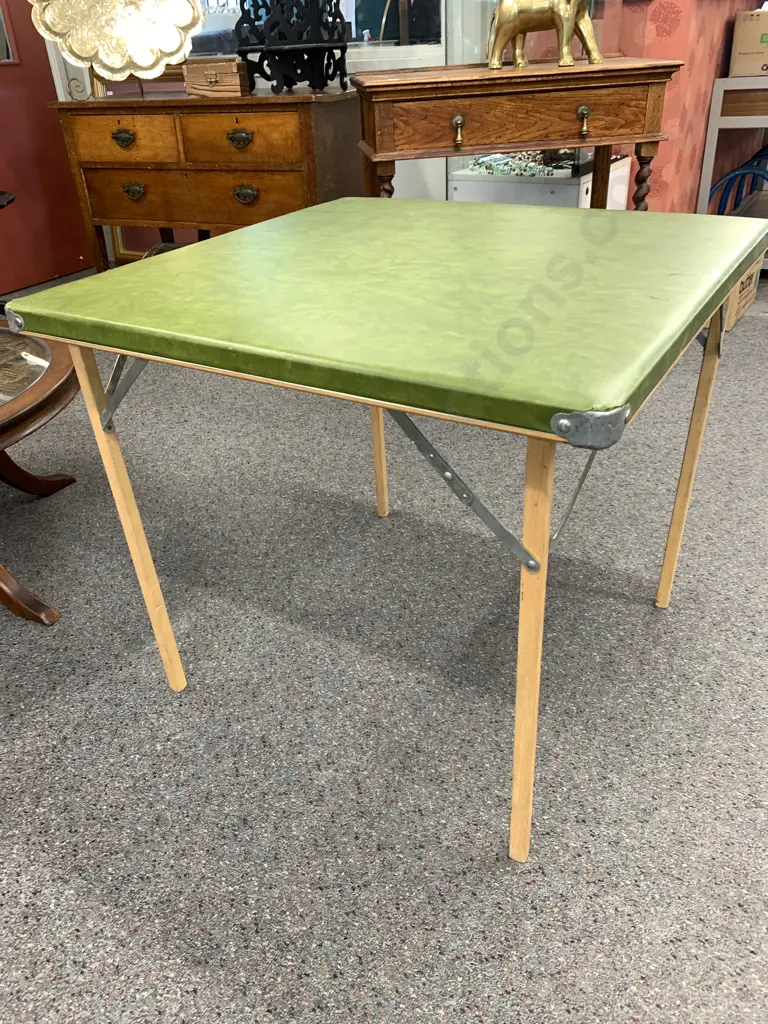 Vintage Foldup Card Table, Green Vinyl Top, H65 W73 D73cm Image 1++