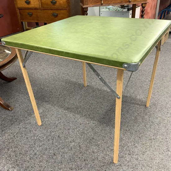 Vintage Foldup Card Table, Green Vinyl Top, H65 W73 D73cm
