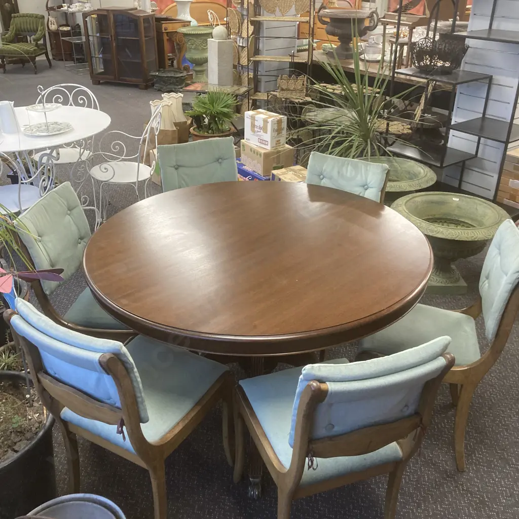 Mahogany Round Dining Table, Brass Claw Feet, 77 x 120cm, 6 Green Draylon Button Back Dining Chairs Image 1++
