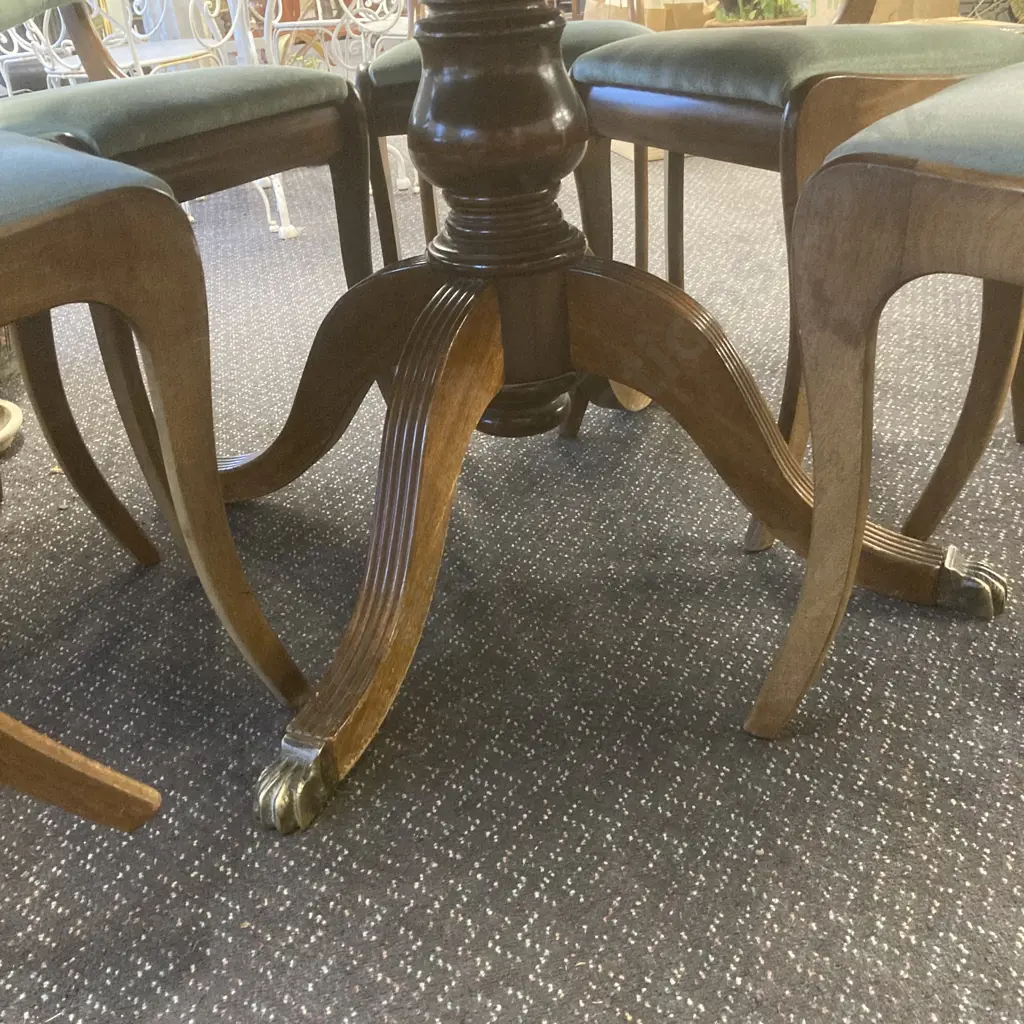 Mahogany Round Dining Table, Brass Claw Feet, 77 x 120cm, 6 Green Draylon Button Back Dining Chairs Image 1++