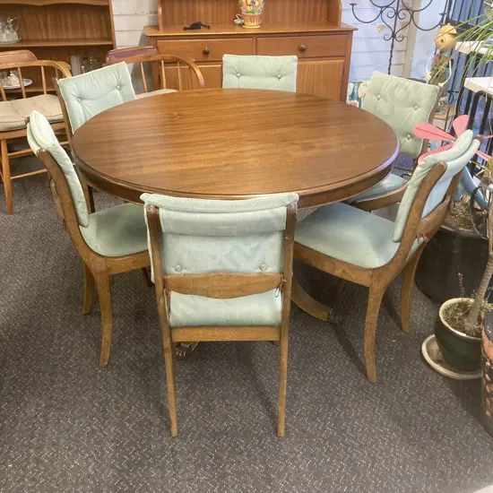 Mahogany Round Dining Table, Brass Claw Feet, 77 x 120cm, 6 Green Draylon Button Back Dining Chairs