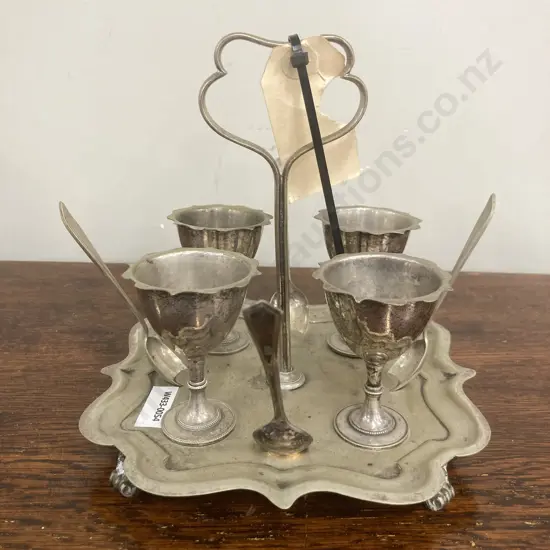 Antique ROD EPNS Egg Cup Set (1 Pair of Spoons Not Original To Set)