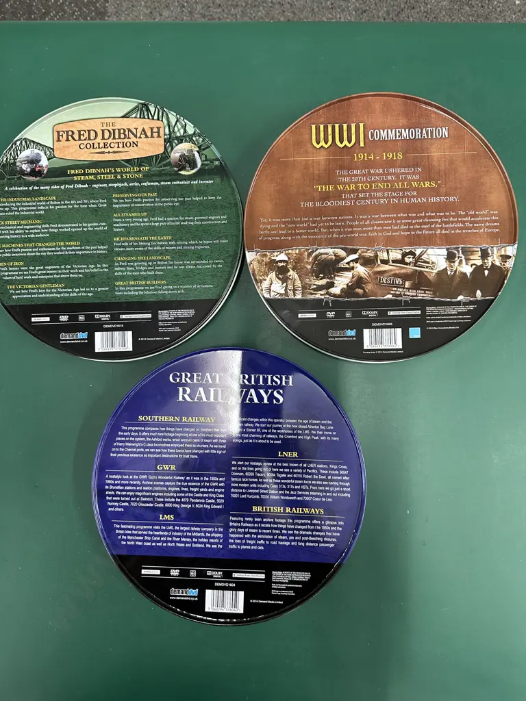 DVD Sets In Round Tin Cases x 3, British railways, , WWI Commeration, Fred Dibnah Collection Image 1++