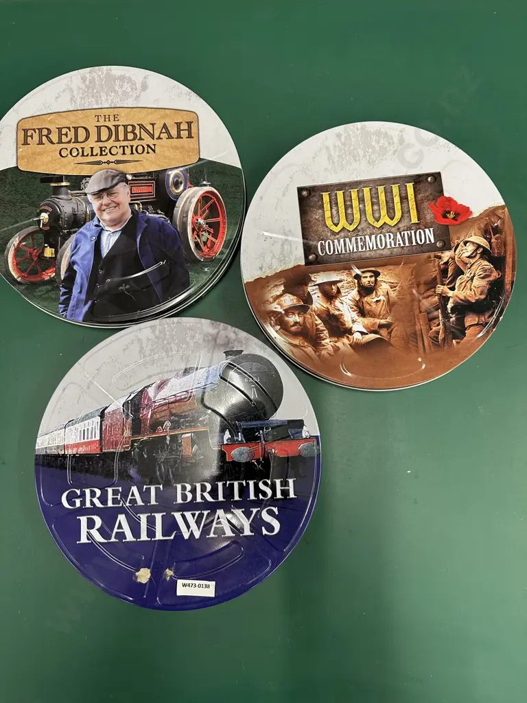 DVD Sets In Round Tin Cases x 3, British railways, , WWI Commeration, Fred Dibnah Collection Image 1++