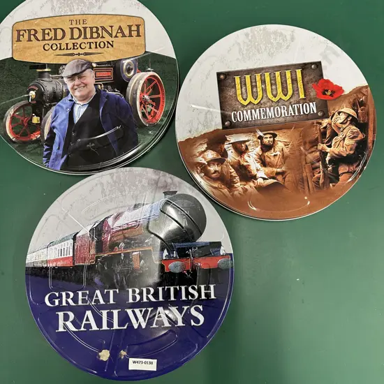 DVD Sets In Round Tin Cases x 3, British railways, , WWI Commeration, Fred Dibnah Collection