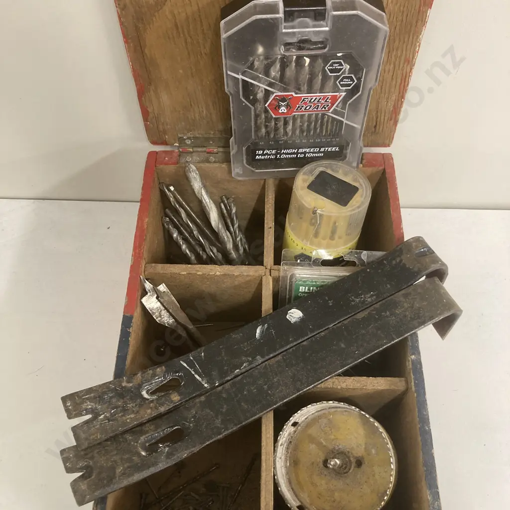 Wooden Box With Divisions, Drill Bits, Hole Saw, Pair of Pry Bars Etc Image 1++