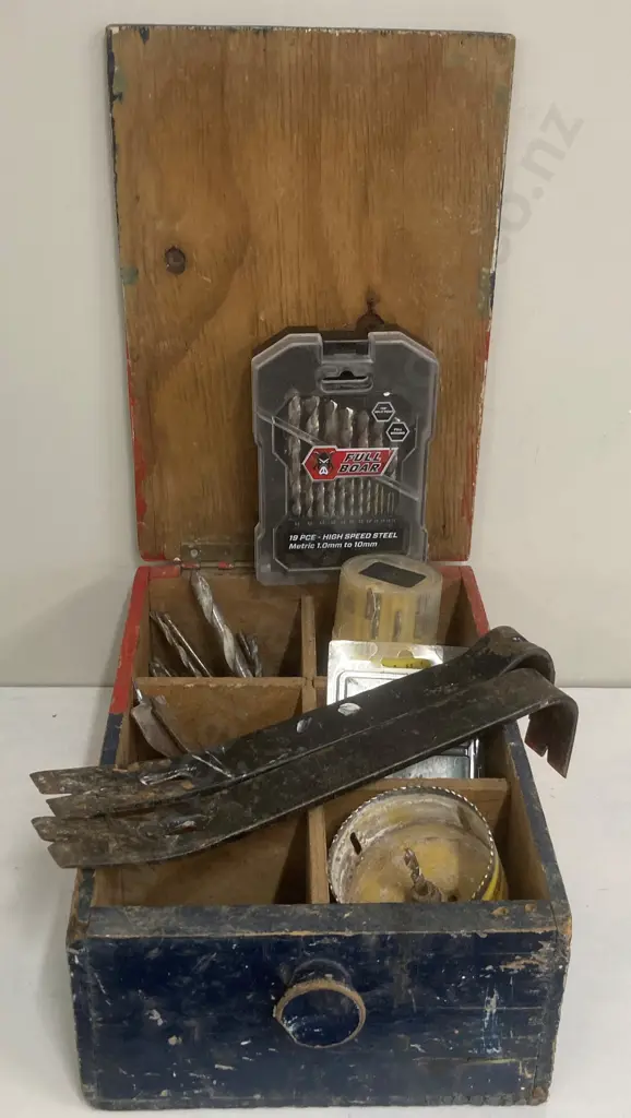 Wooden Box With Divisions, Drill Bits, Hole Saw, Pair of Pry Bars Etc Image 1++