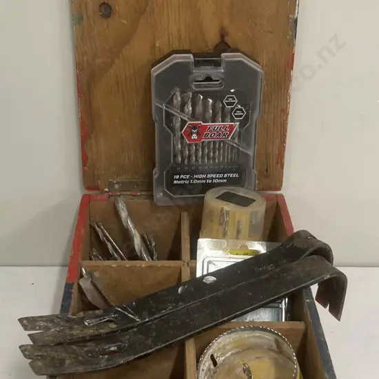 Wooden Box With Divisions, Drill Bits, Hole Saw, Pair of Pry Bars Etc