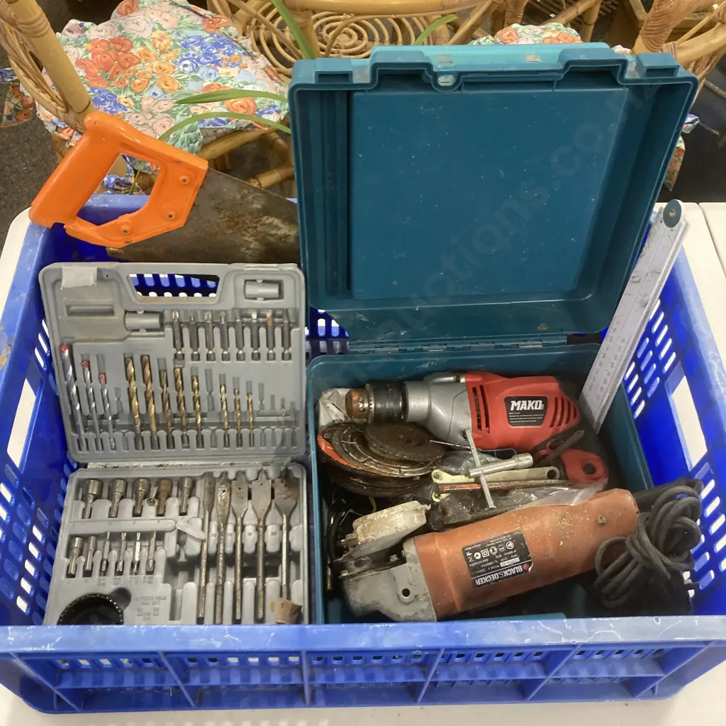 Box Lot Angle Grinder, Level, Electric Drill, Saw, Bit Set Etc Image 1++