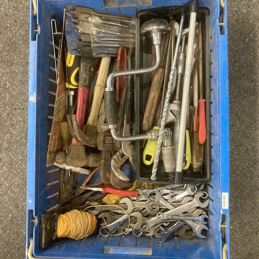 Box Lot Tools, Spanners, Pipe Wrenches, Hammers, Files, Brace & Bit, Augers Etc Image 1++