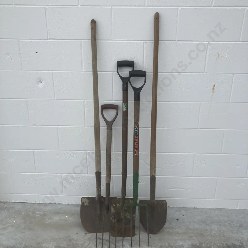 Lot of 2 Shovels, Spade, 2 Forks Image 1++