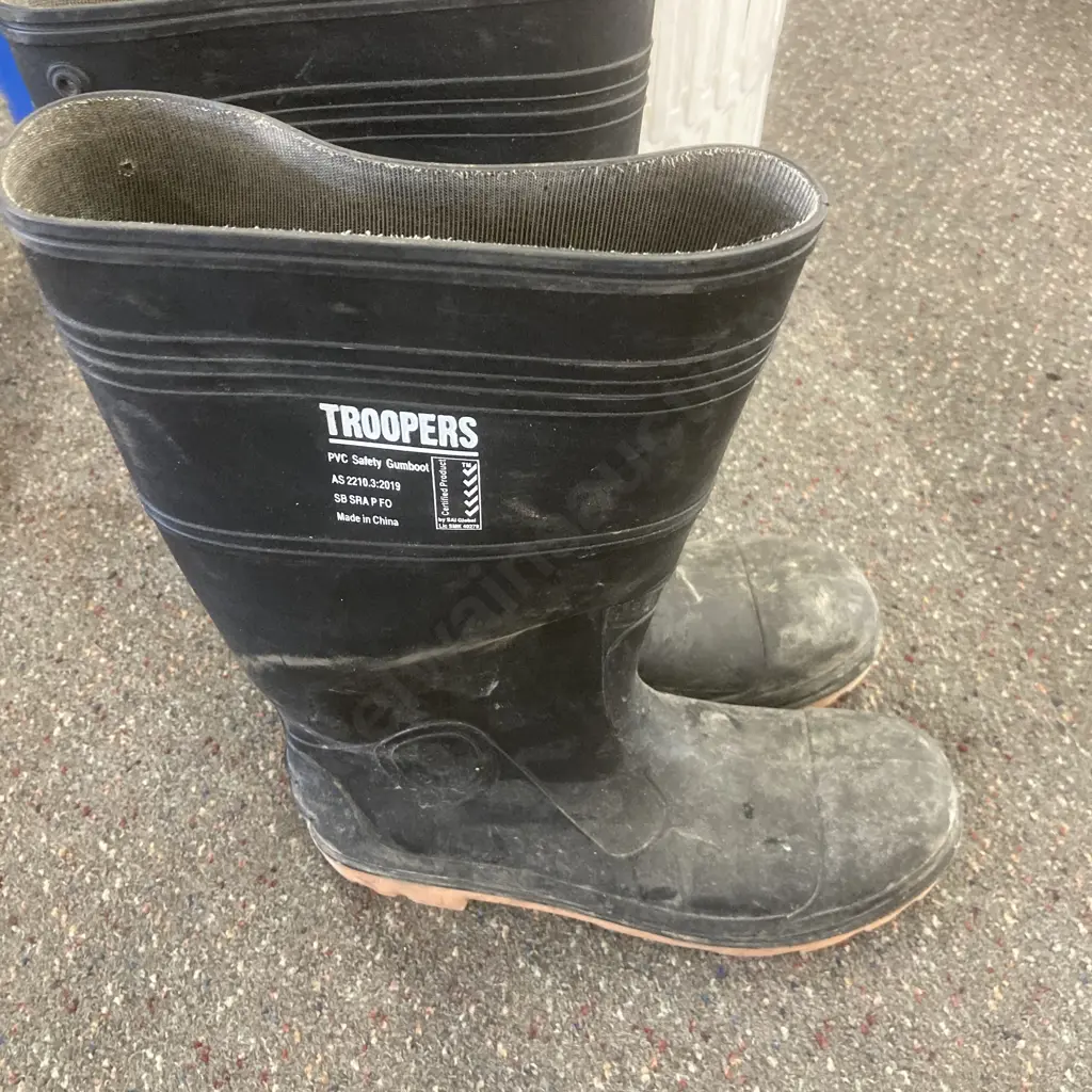 Roll of Blue Plastic, Pair of White Laundry Hampers, Troopers PVC Safety Gumboots, SZ12 Image 1++