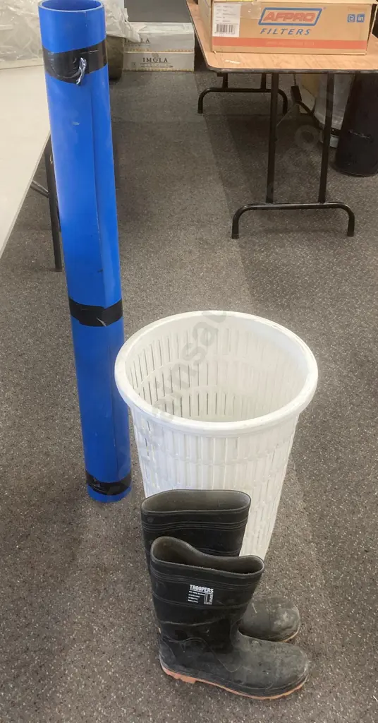 Roll of Blue Plastic, Pair of White Laundry Hampers, Troopers PVC Safety Gumboots, SZ12 Image 1++