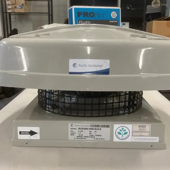 Pacific Ventilation RCD Series Roof Mounted Centrifugal Fan. Model RCD280-VEE:N:S:S