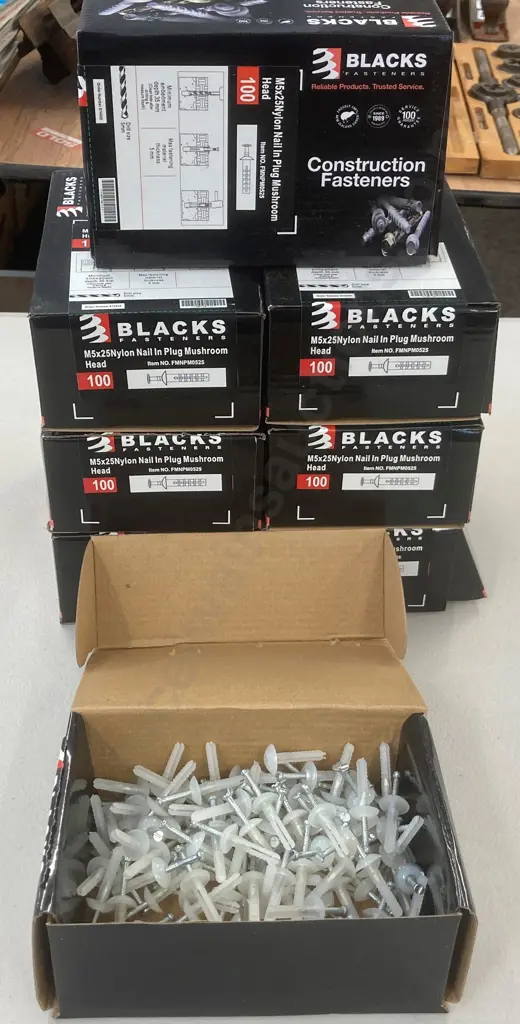 Blacks Fasteners M5x25Nylon Nail In Plug Mushroom Head, 8 x Boxes of 100 Image 1++