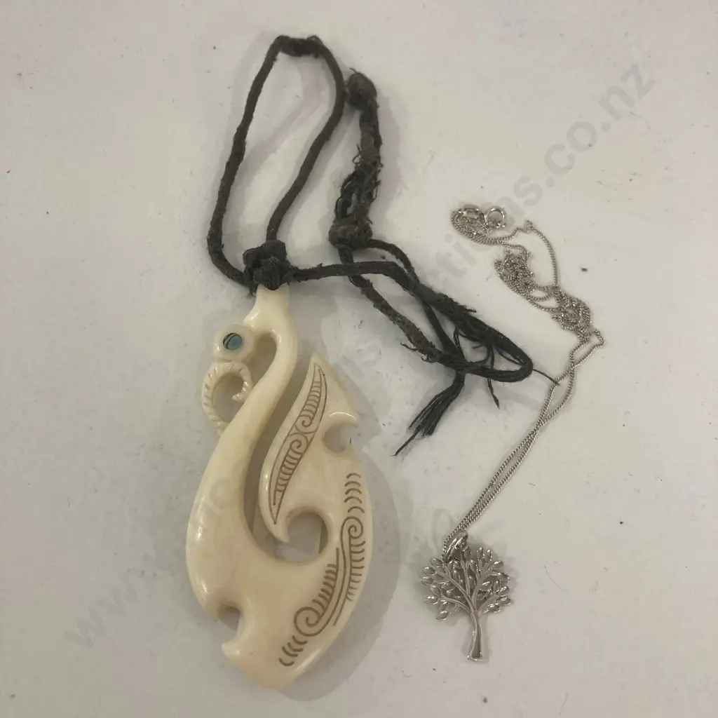Bone Carving Pendant, 80 x 32mm, Tree Of Life Pendant On Thin Silver Chain Image 1++