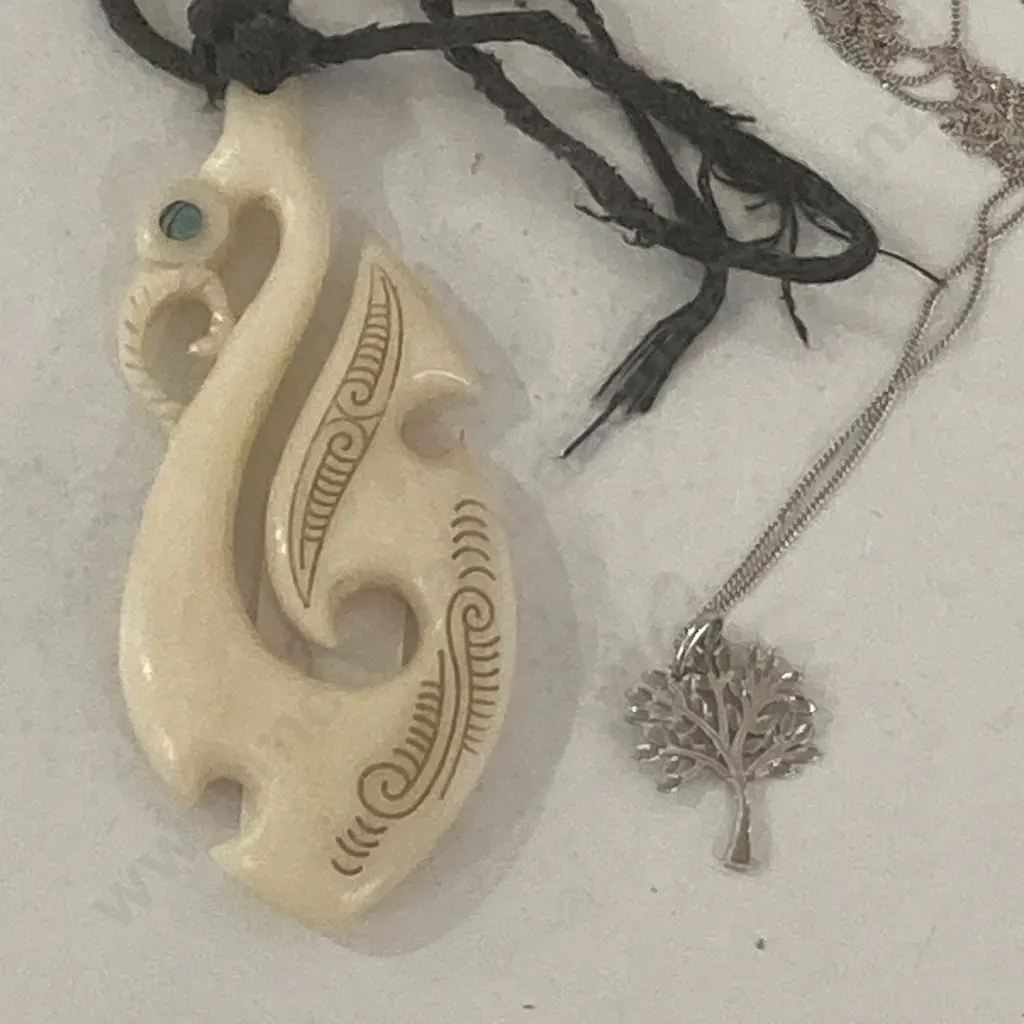 Bone Carving Pendant, 80 x 32mm, Tree Of Life Pendant On Thin Silver Chain Image 1++