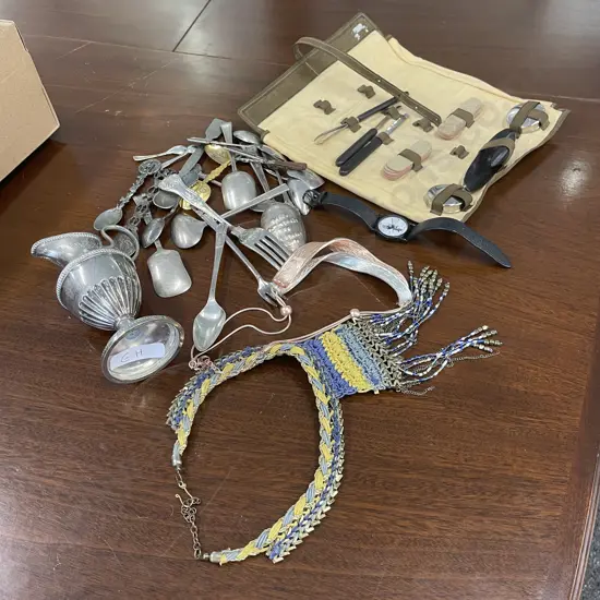 Box lot of assorted: Jewellery, Manicure set, silverware, Daniel Washington Watch etc