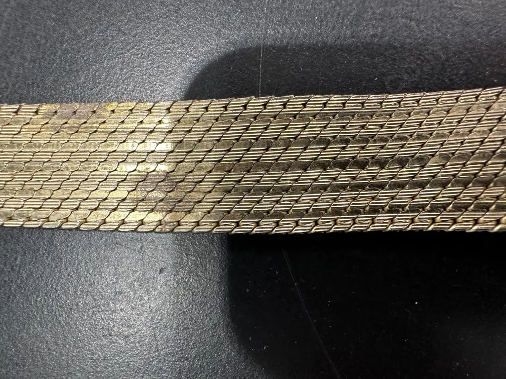 Gold Mesh Bangle Bracelet Stamped 18 K & 0/50, L205mm W22 to 17mm Image 1++