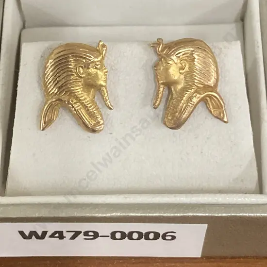 Pair of Egyptian Gold King Tutankhamun Profile Stud Earrings, Stamped With Egyptian Hallmarks