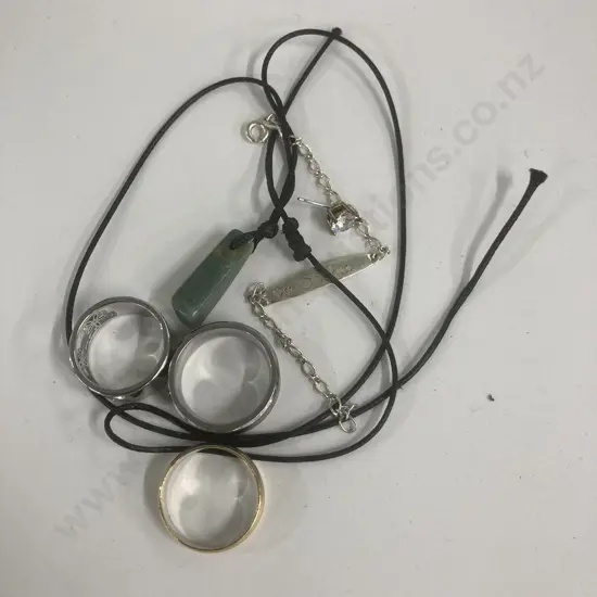 Assorted Jewellery, Gold Band Stamped 18K 750, Small Greenstone Pendant, Single Earring, Bracelet & 2 Band Type Rings