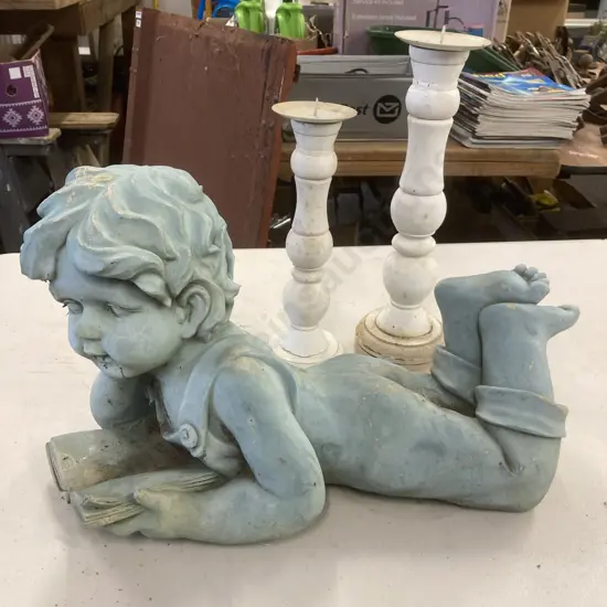 Blue Garden Figurine 44cm & Pair of White Candlesticks